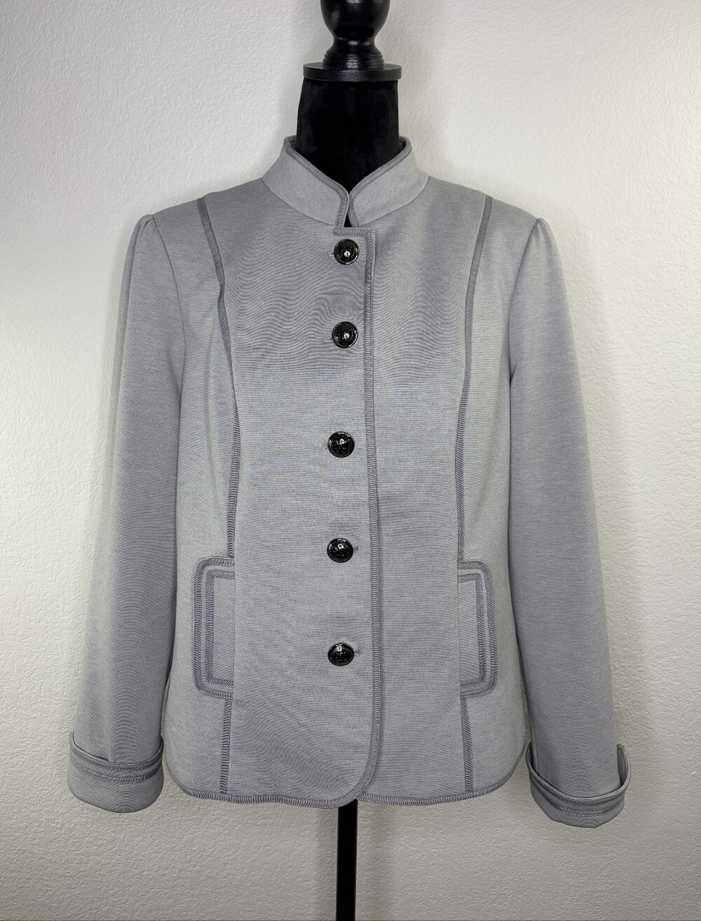 Tommy Hilfiger Silver Gray Mandarin Collar Crested Butto Blazer Jacket